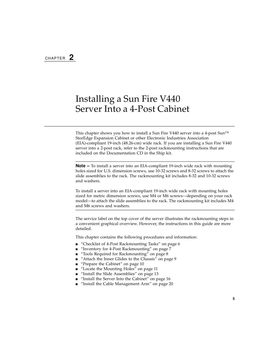 Sun Microsystems 816-7727-10 manual Installing a Sun Fire Server Into a 4-Post Cabinet 