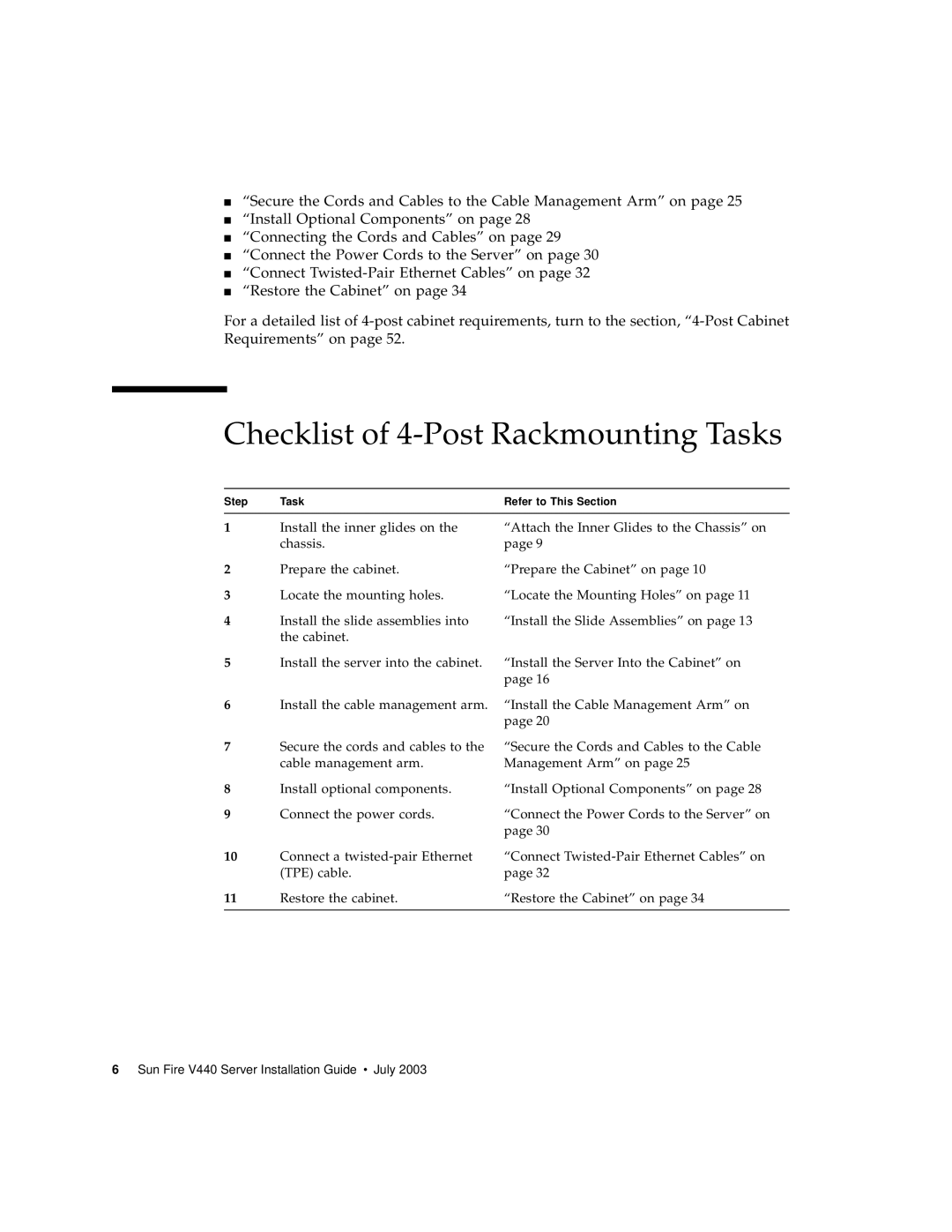 Sun Microsystems 816-7727-10 manual Checklist of 4-Post Rackmounting Tasks, “Install Optional Components” on page 