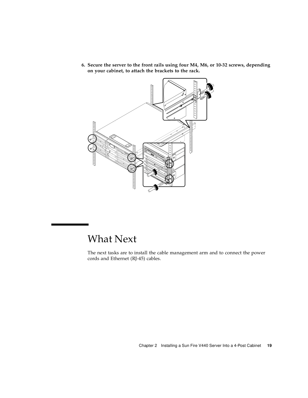Sun Microsystems 816-7727-10 manual What Next, Installing a Sun Fire V440 Server Into a 4-Post Cabinet 