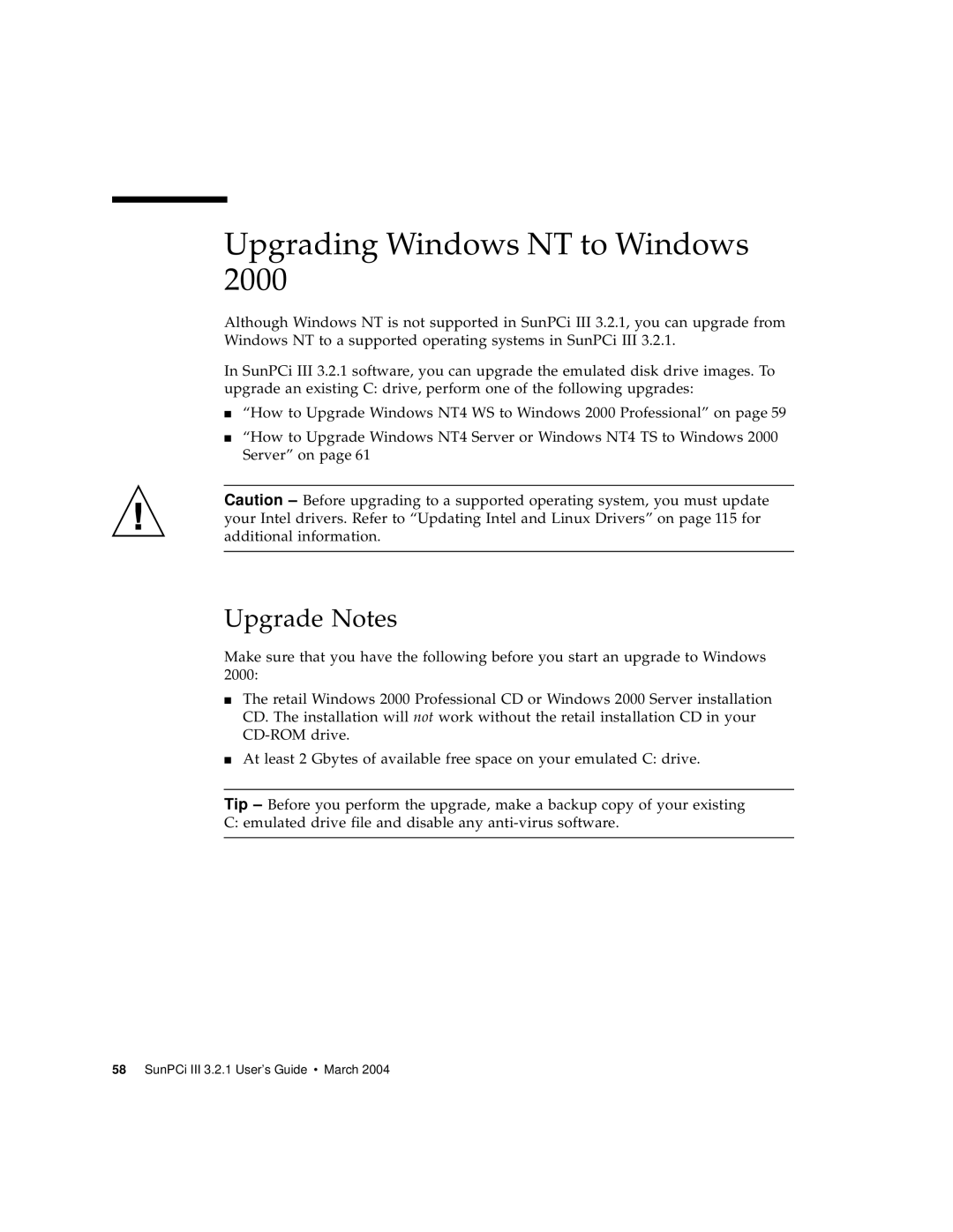 Sun Microsystems 817-3630-11 manual Upgrading Windows NT to Windows, Upgrade Notes 