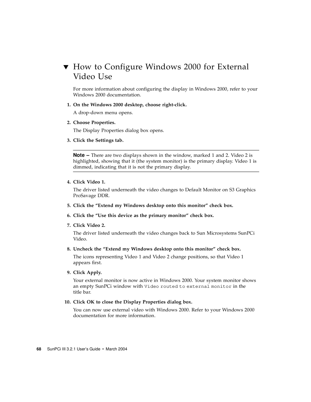 Sun Microsystems 817-3630-11 How to Configure Windows 2000 for External Video Use, Click the Settings tab Click Video 