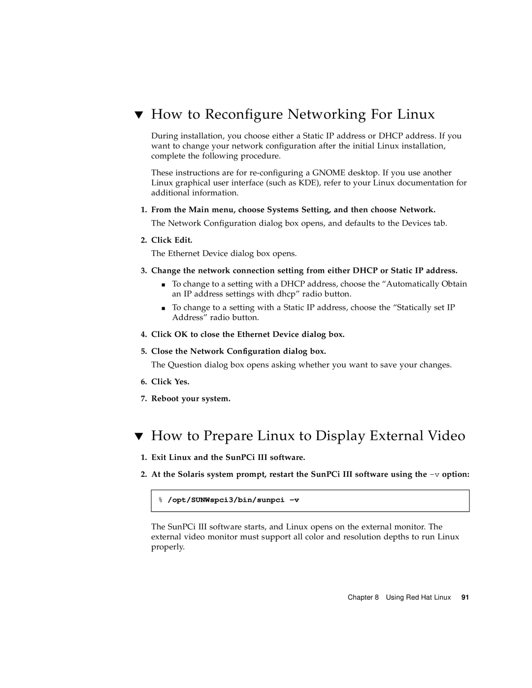 Sun Microsystems 817-3630-11 manual How to Reconfigure Networking For Linux, How to Prepare Linux to Display External Video 