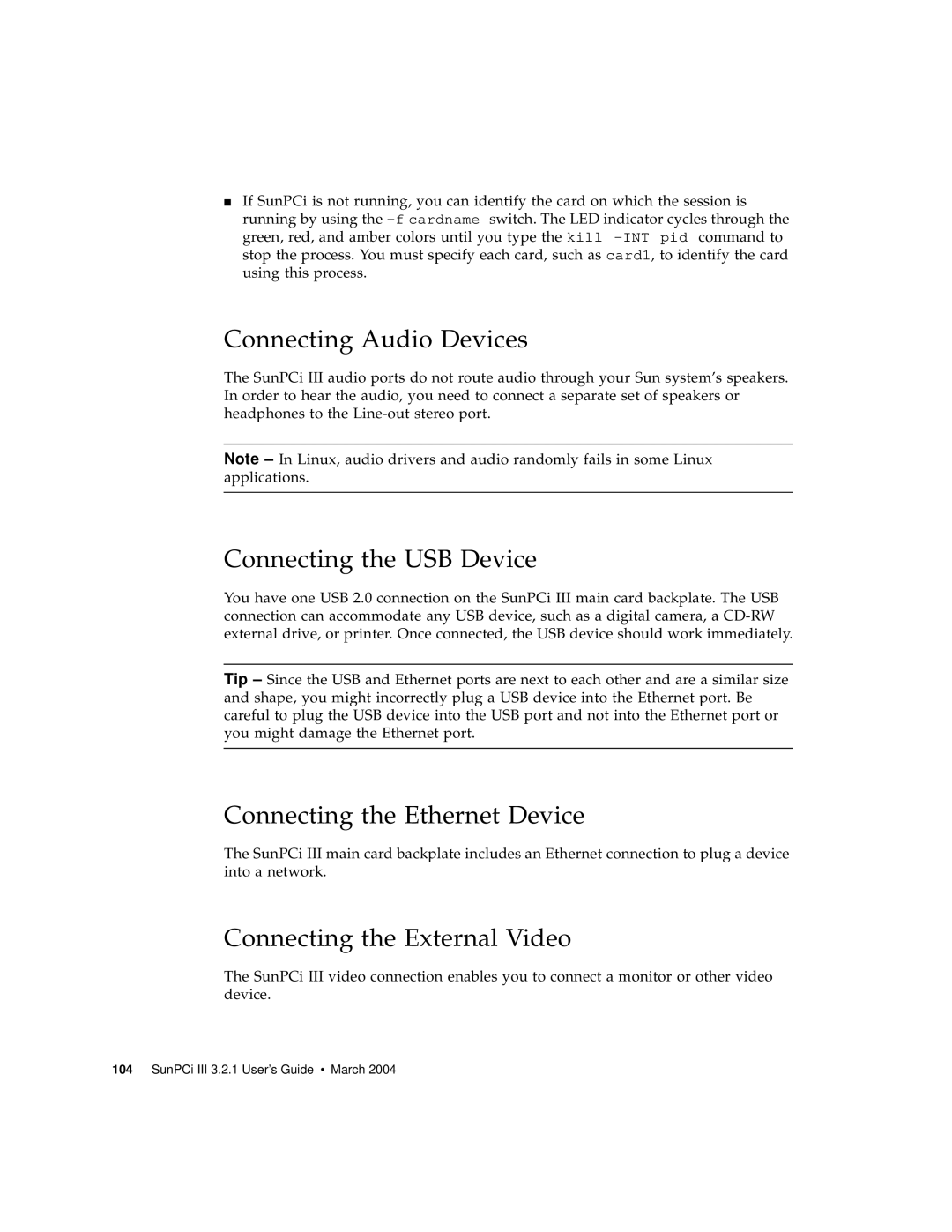 Sun Microsystems 817-3630-11 manual Connecting Audio Devices, Connecting the USB Device, Connecting the Ethernet Device 