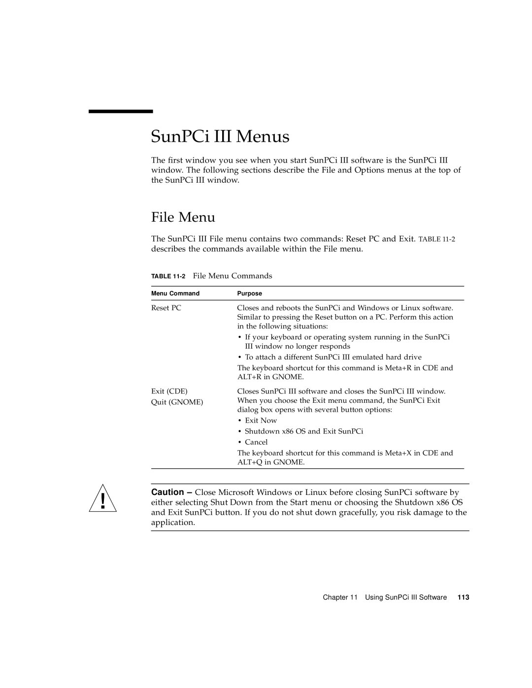 Sun Microsystems 817-3630-11 manual SunPCi III Menus, File Menu 