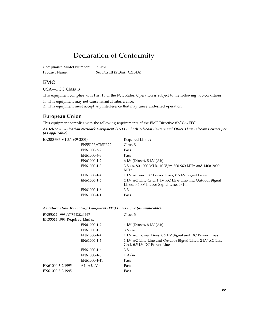 Sun Microsystems 817-3630-11 manual Declaration of Conformity, Emc 