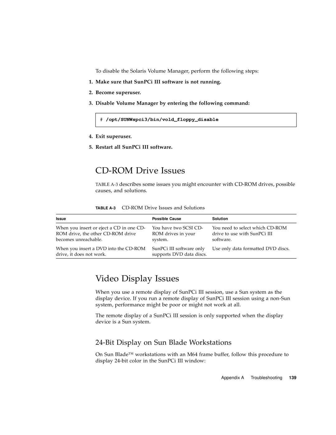 Sun Microsystems 817-3630-11 CD-ROM Drive Issues, Video Display Issues, Exit superuser Restart all SunPCi III software 