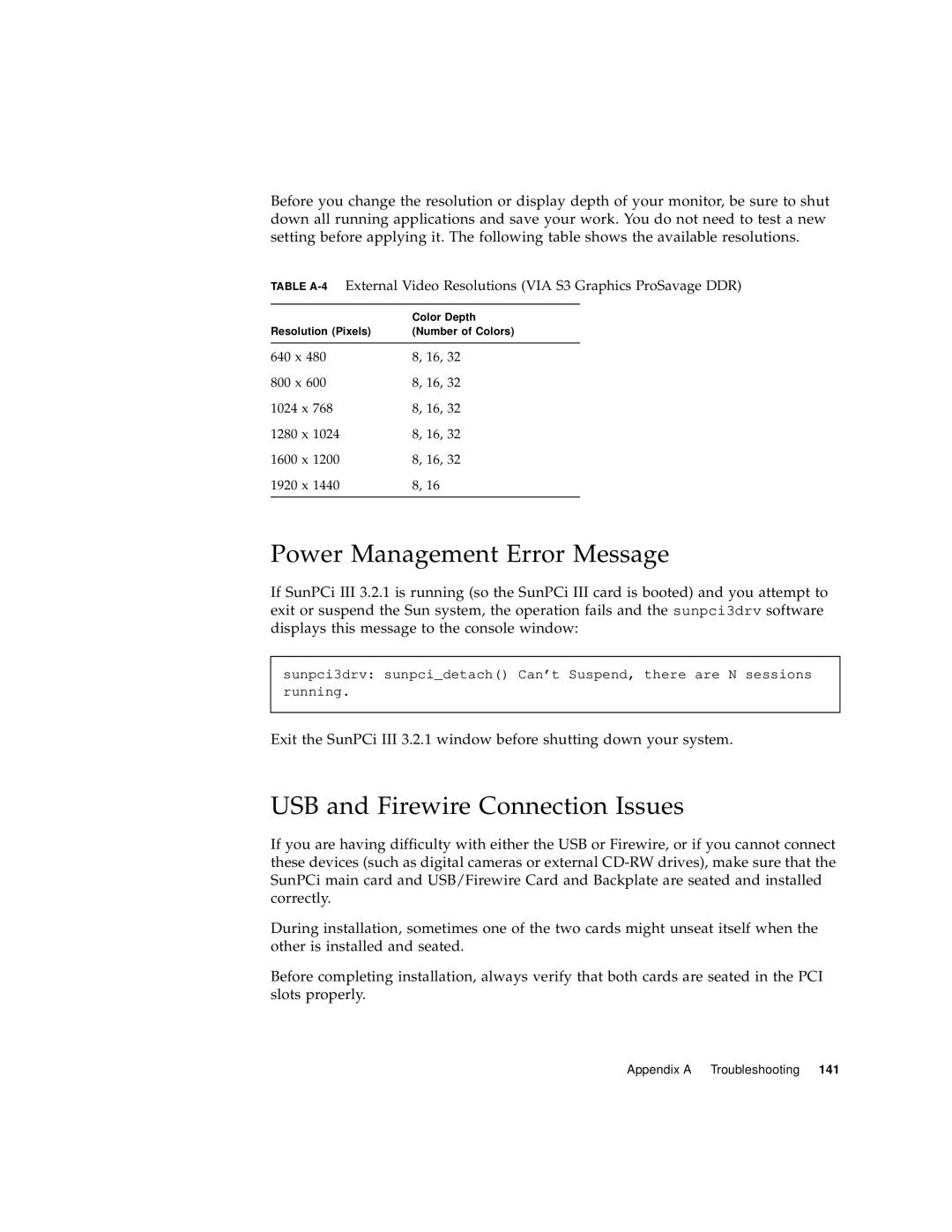 Sun Microsystems 817-3630-11 manual Power Management Error Message, USB and Firewire Connection Issues 