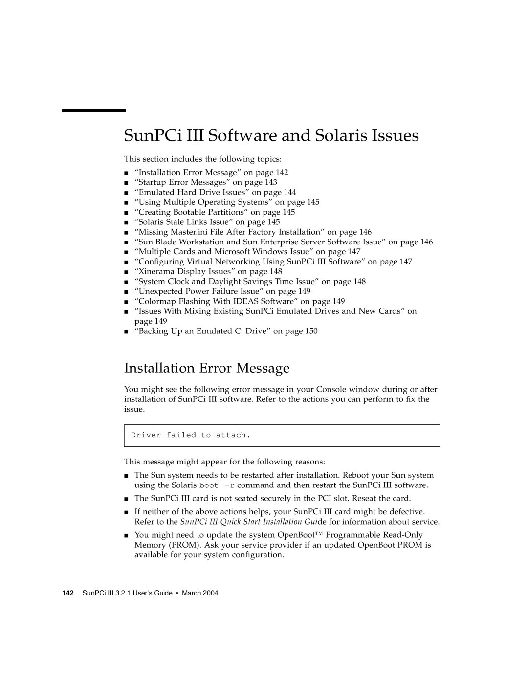 Sun Microsystems 817-3630-11 manual SunPCi III Software and Solaris Issues, Installation Error Message 