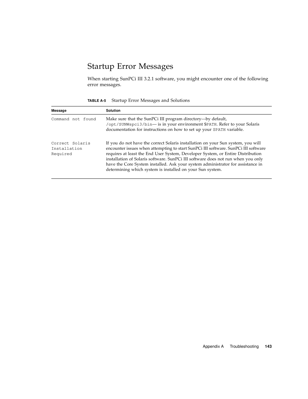 Sun Microsystems 817-3630-11 manual Table A-5Startup Error Messages and Solutions 