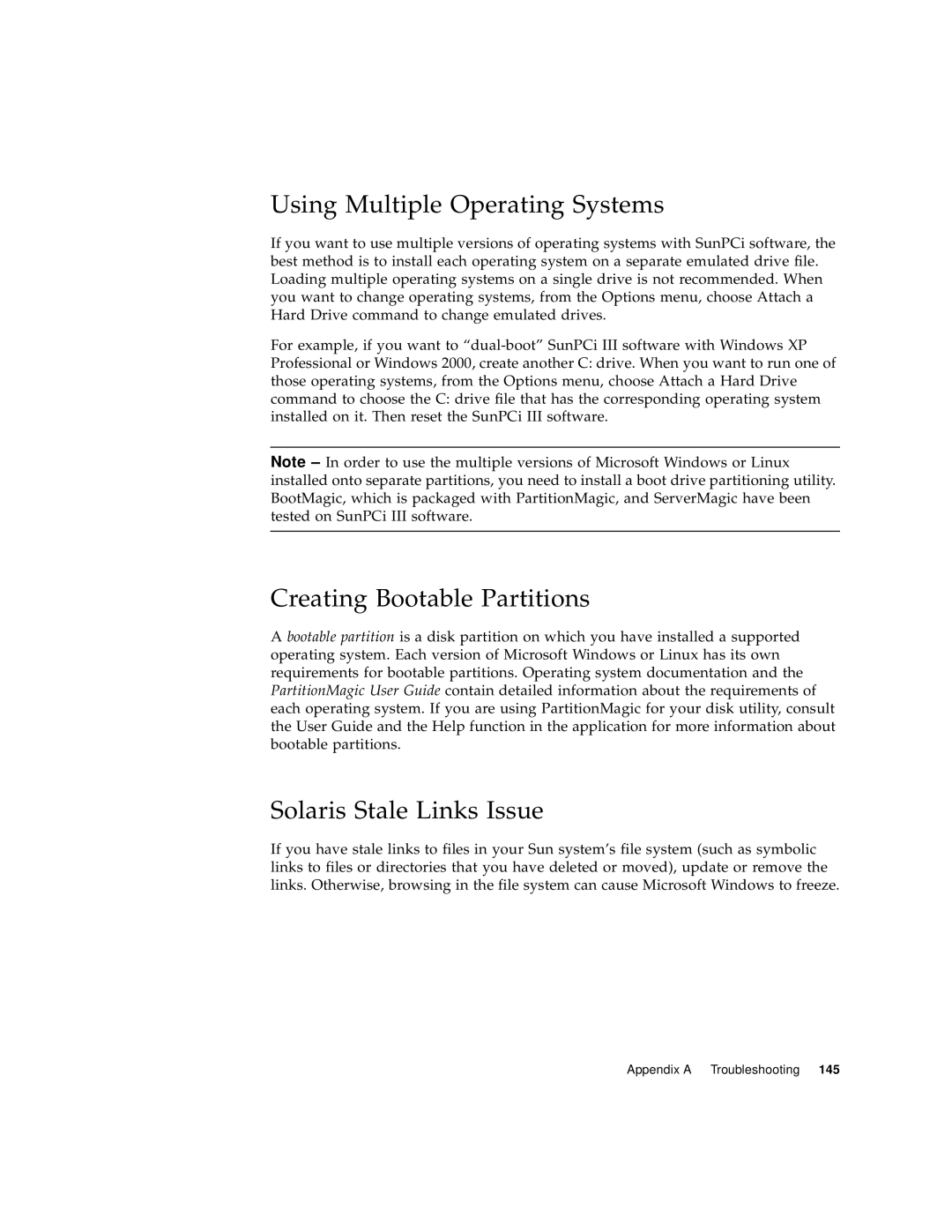 Sun Microsystems 817-3630-11 Using Multiple Operating Systems, Creating Bootable Partitions, Solaris Stale Links Issue 