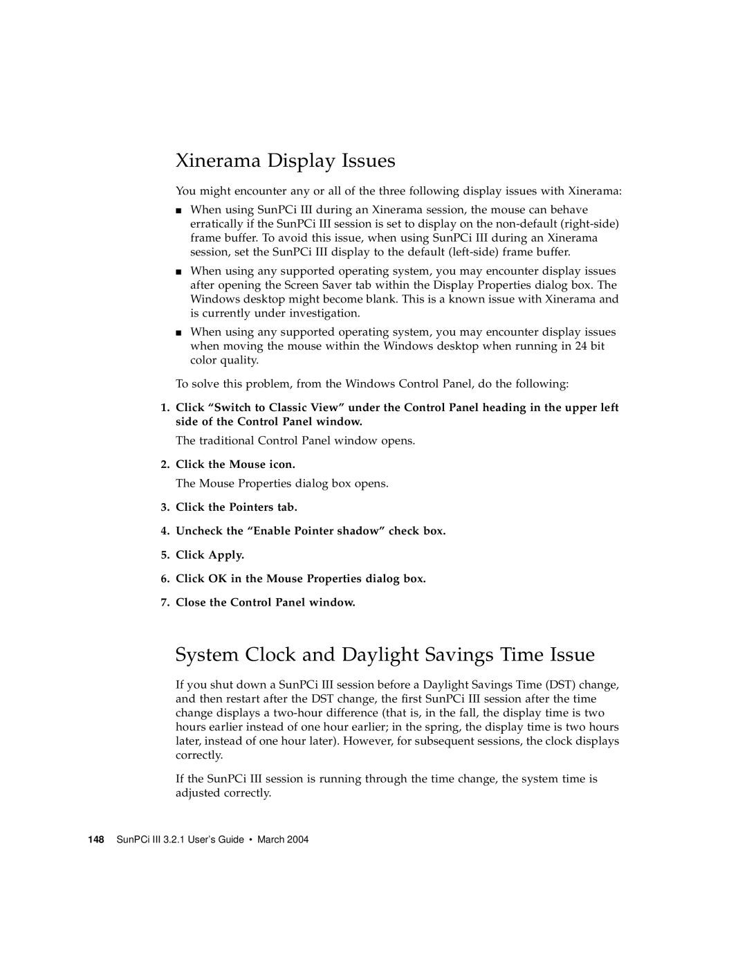 Sun Microsystems 817-3630-11 Xinerama Display Issues, System Clock and Daylight Savings Time Issue, Click the Mouse icon 