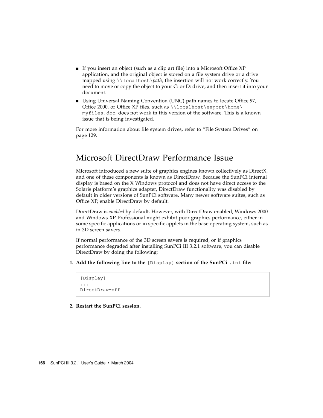 Sun Microsystems 817-3630-11 manual Microsoft DirectDraw Performance Issue, Restart the SunPCi session 