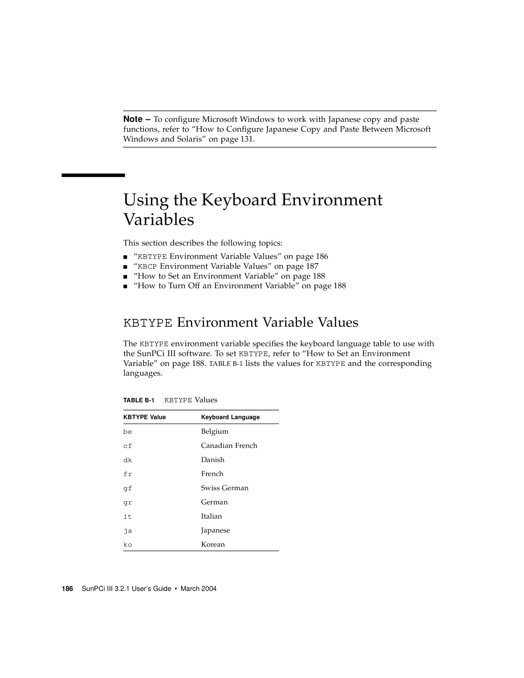 Sun Microsystems 817-3630-11 manual Using the Keyboard Environment Variables, Kbtype Environment Variable Values 