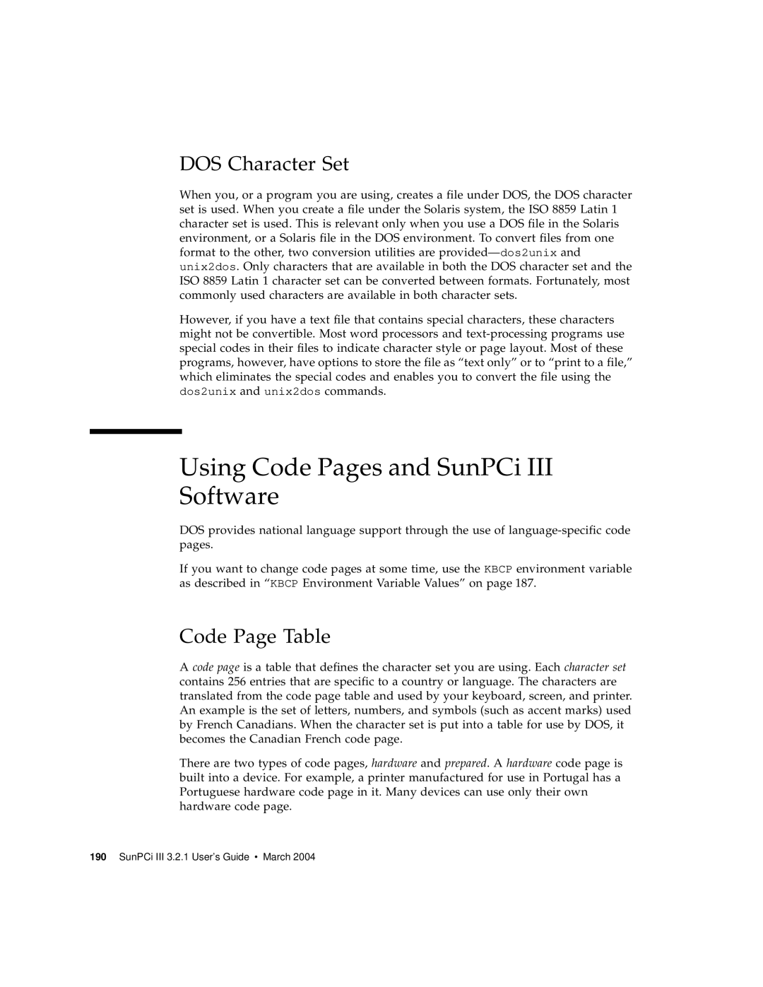 Sun Microsystems 817-3630-11 manual Using Code Pages and SunPCi III Software, DOS Character Set, Code Page Table 