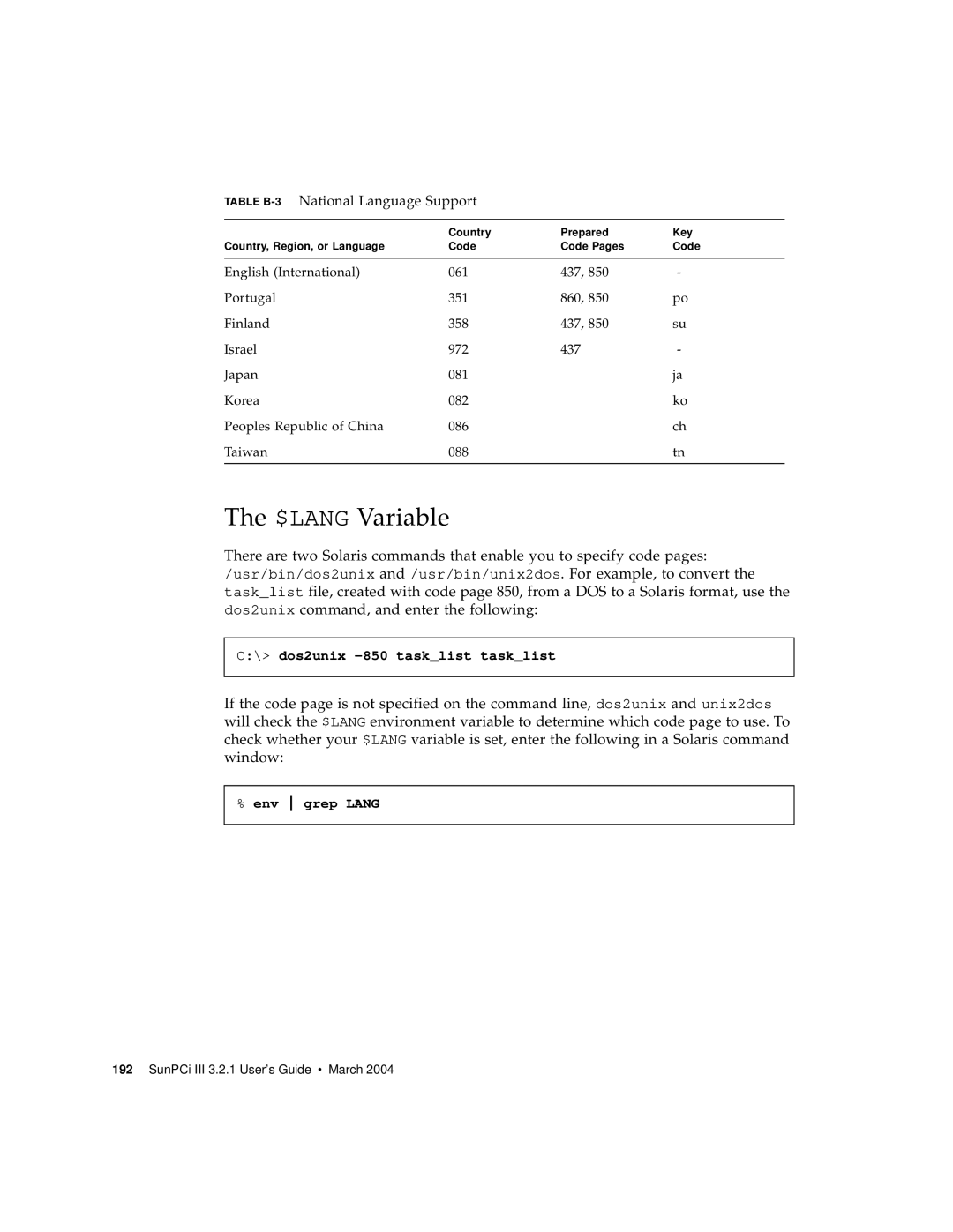 Sun Microsystems 817-3630-11 manual $LANG Variable 