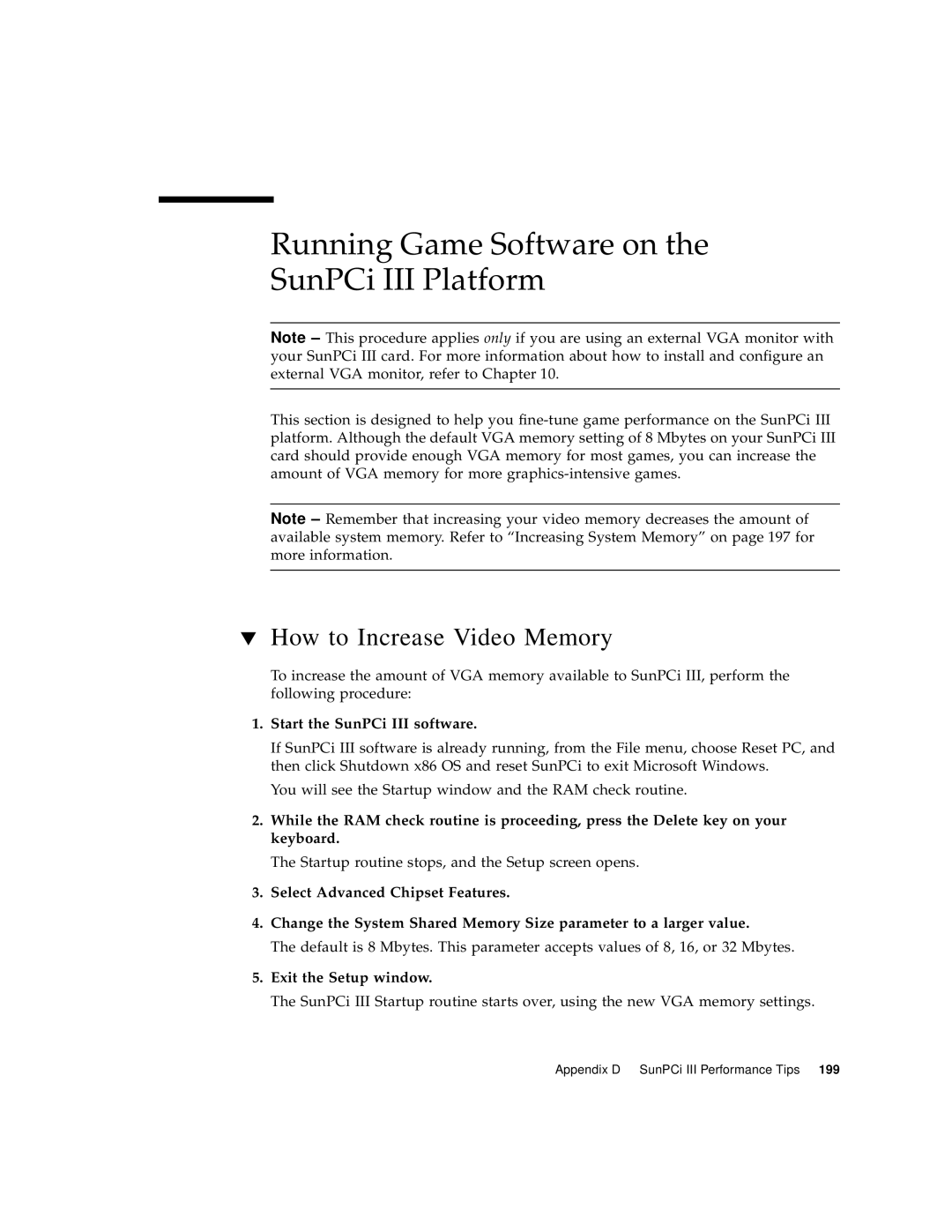 Sun Microsystems 817-3630-11 manual Running Game Software on SunPCi III Platform, How to Increase Video Memory 