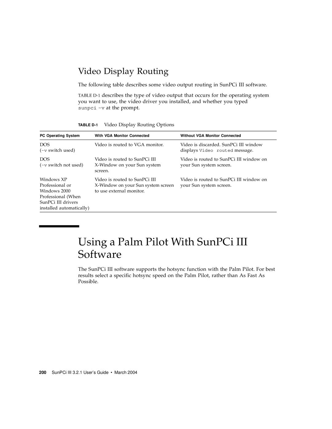 Sun Microsystems 817-3630-11 manual Using a Palm Pilot With SunPCi III Software, Video Display Routing 