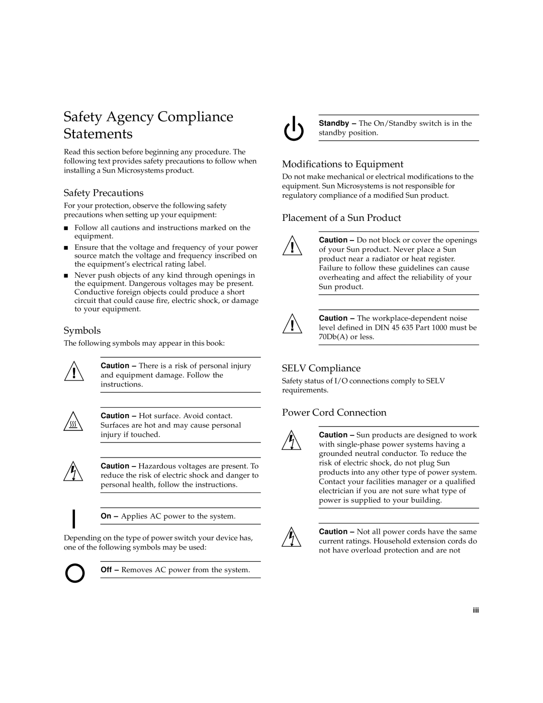 Sun Microsystems 817-3630-11 manual Safety Agency Compliance Statements, Safety Precautions 