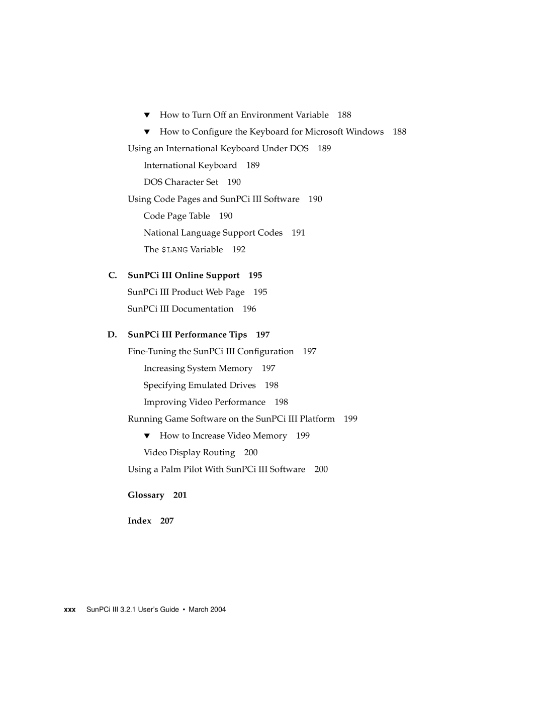 Sun Microsystems 817-3630-11 manual SunPCi III Online Support 195, SunPCi III Performance Tips, Glossary Index 