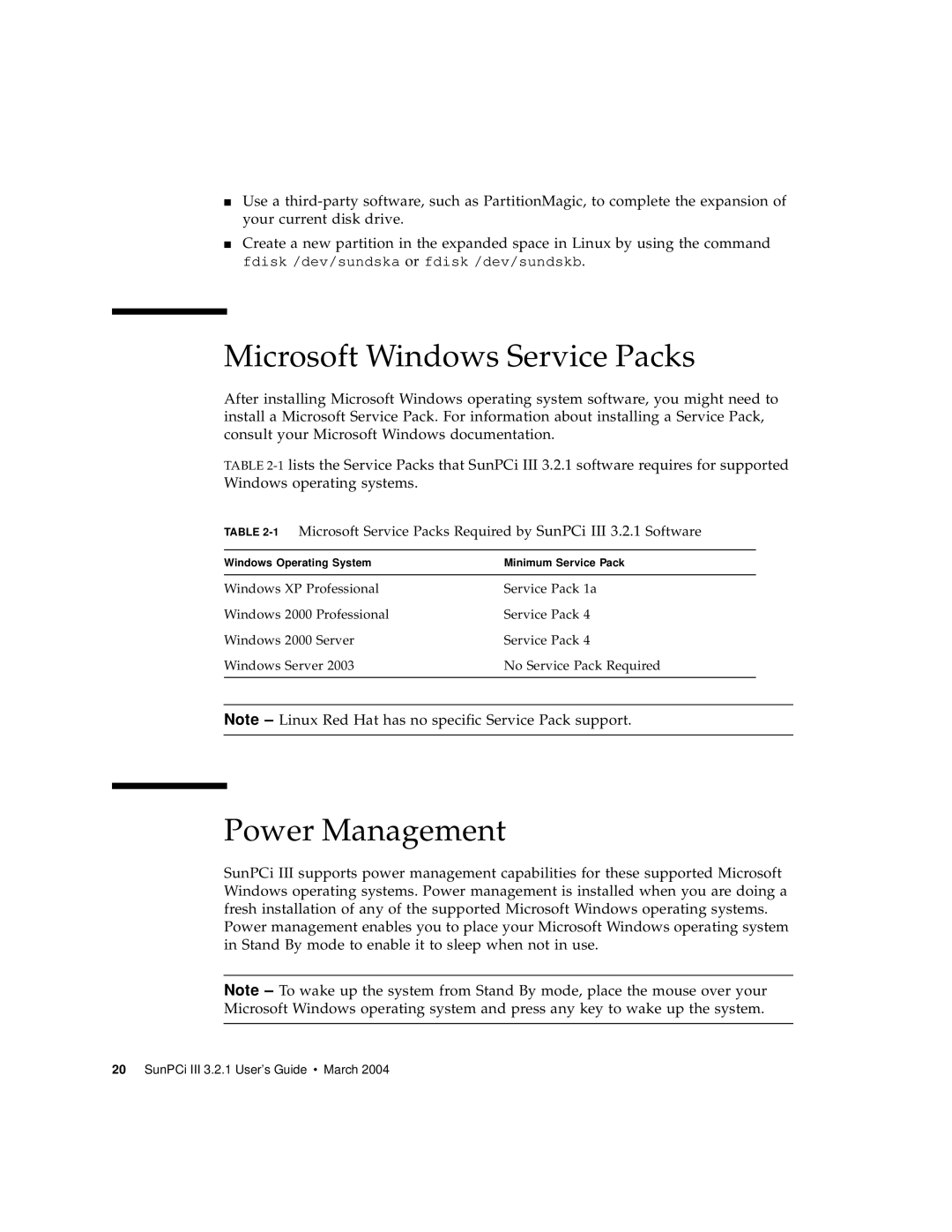 Sun Microsystems 817-3630-11 manual Microsoft Windows Service Packs, Power Management 