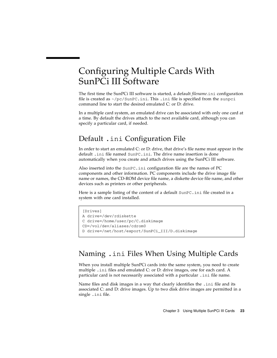 Sun Microsystems 817-3630-11 manual Configuring Multiple Cards With SunPCi III Software, Default .ini Configuration File 