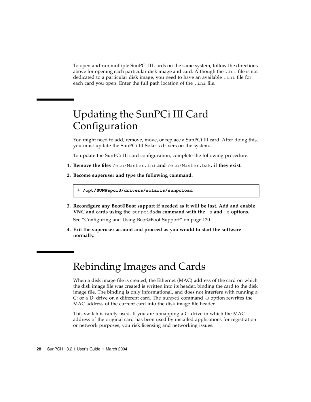 Sun Microsystems 817-3630-11 manual Updating the SunPCi III Card Configuration, Rebinding Images and Cards 