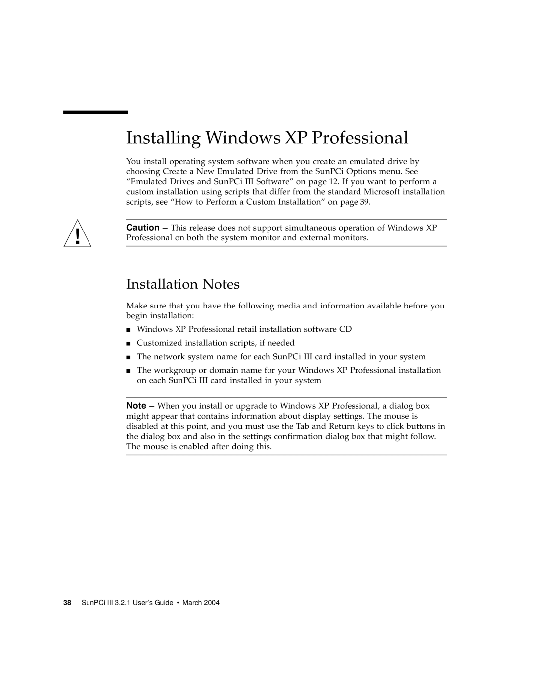 Sun Microsystems 817-3630-11 manual Installing Windows XP Professional, Installation Notes 