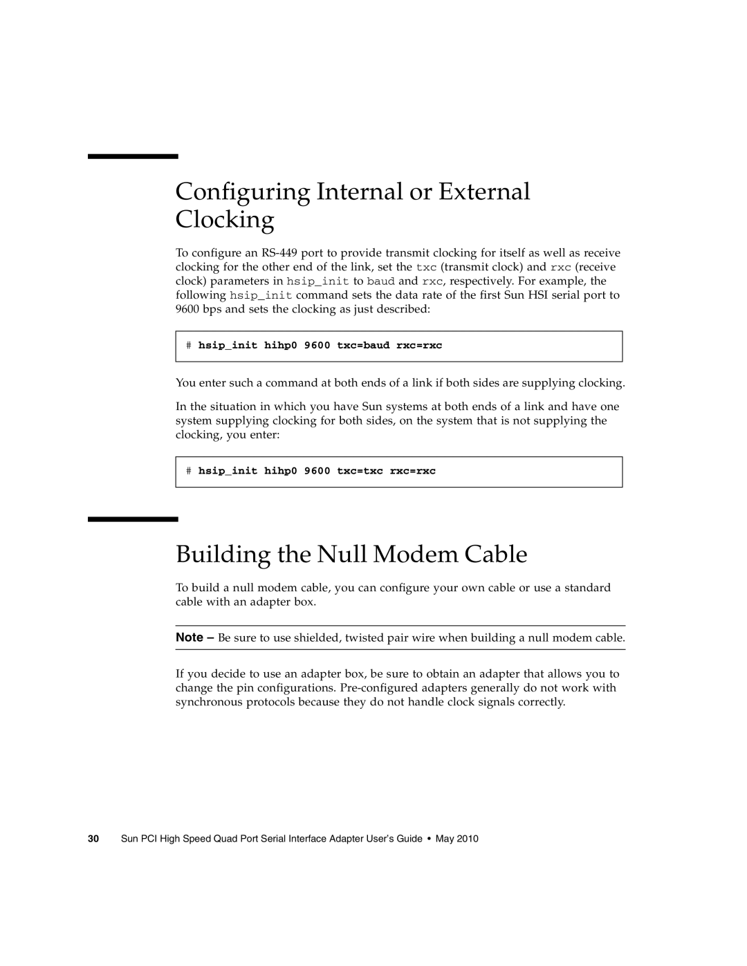 Sun Microsystems 819-1207-11 manual Configuring Internal or External Clocking, Building the Null Modem Cable 