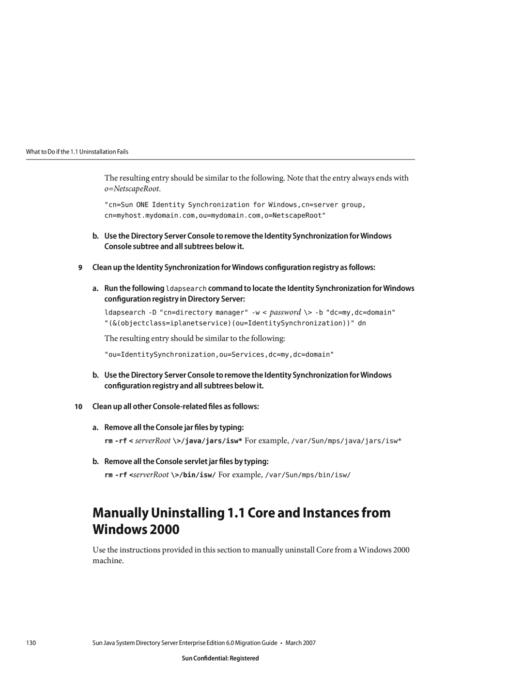 Sun Microsystems 8190994 manual Manually Uninstalling 1.1 Core and Instances from Windows 