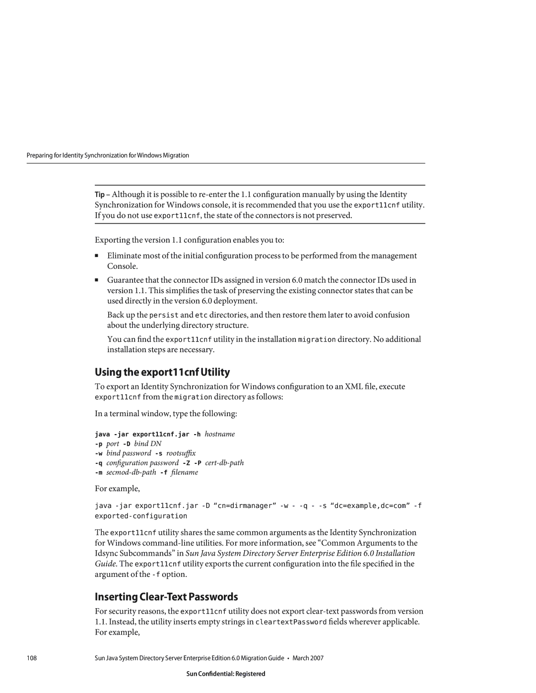 Sun Microsystems 8190994 manual Using the export11cnf Utility, Inserting Clear-Text Passwords 