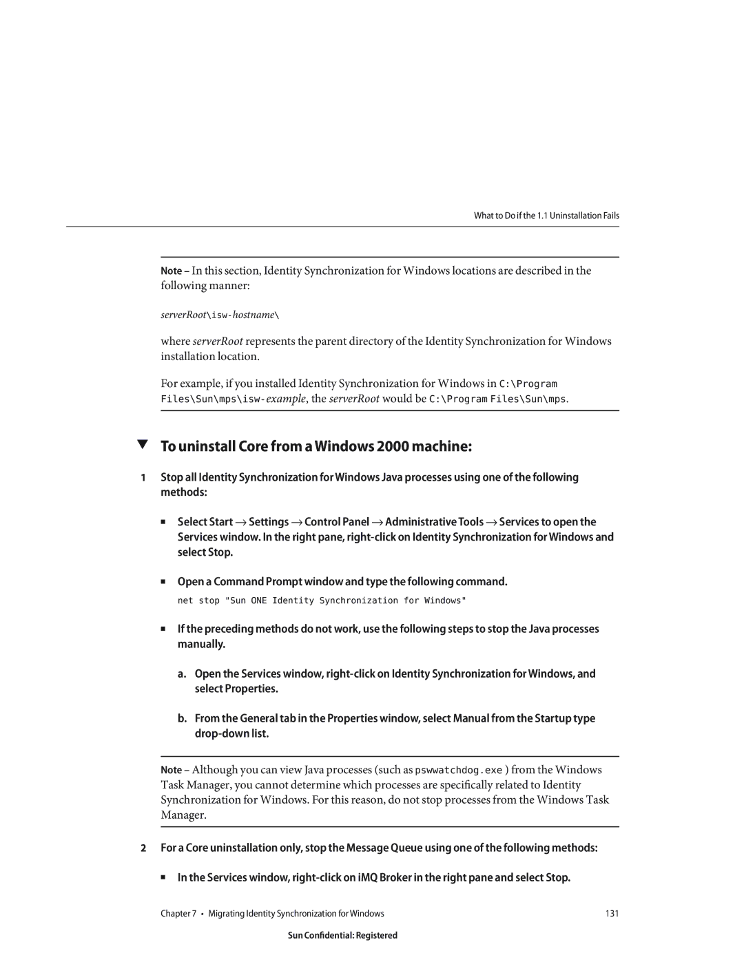 Sun Microsystems 8190994 manual To uninstall Core from a Windows 2000 machine 