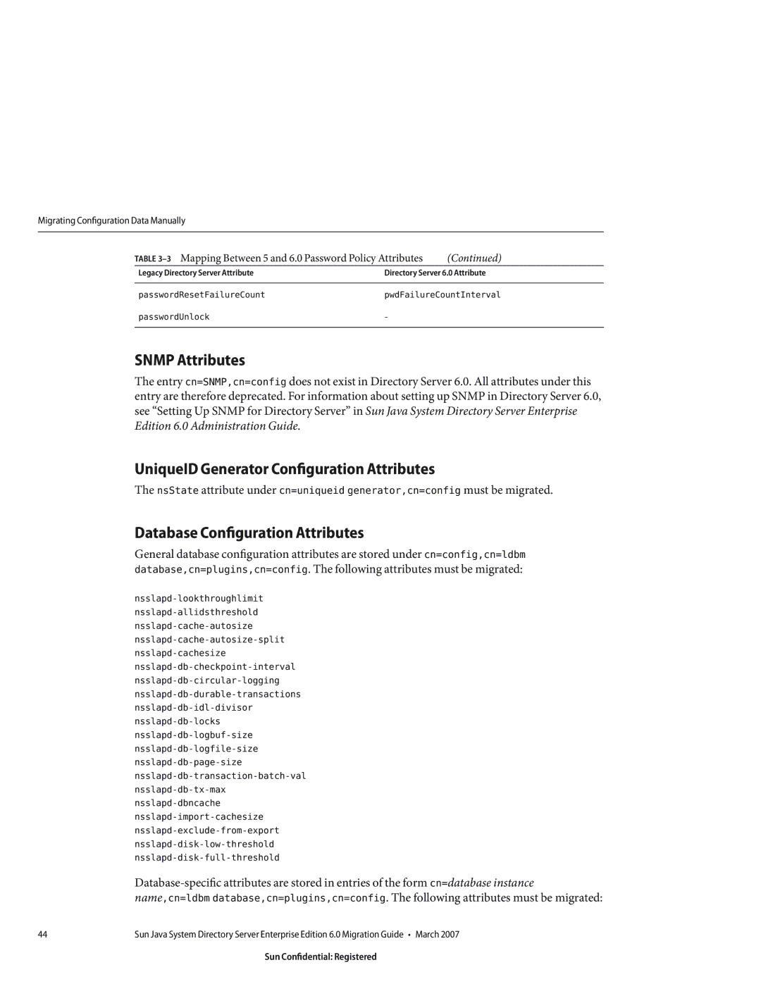 Sun Microsystems 8190994 Snmp Attributes, UniqueID Generator Configuration Attributes, Database Configuration Attributes 