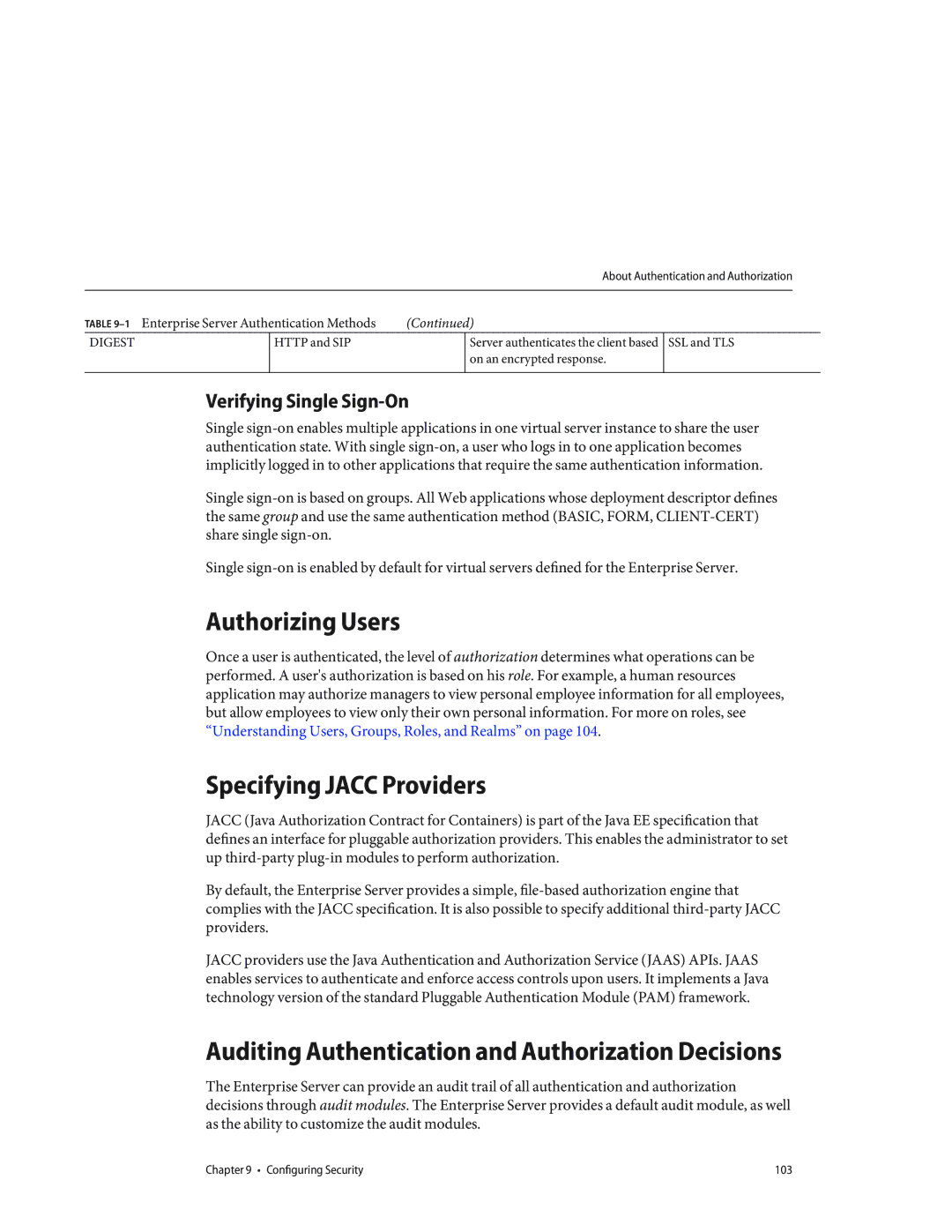 Sun Microsystems 820433510 manual Authorizing Users, Specifying Jacc Providers, Verifying Single Sign-On 