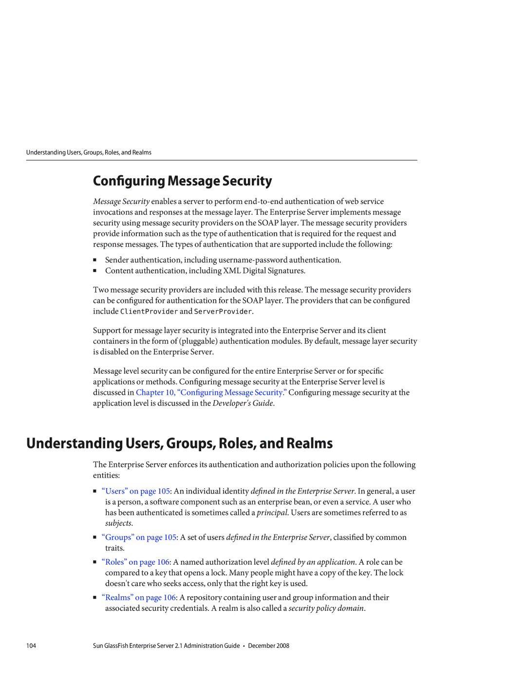 Sun Microsystems 820433510 manual Understanding Users, Groups, Roles, and Realms, Configuring Message Security 