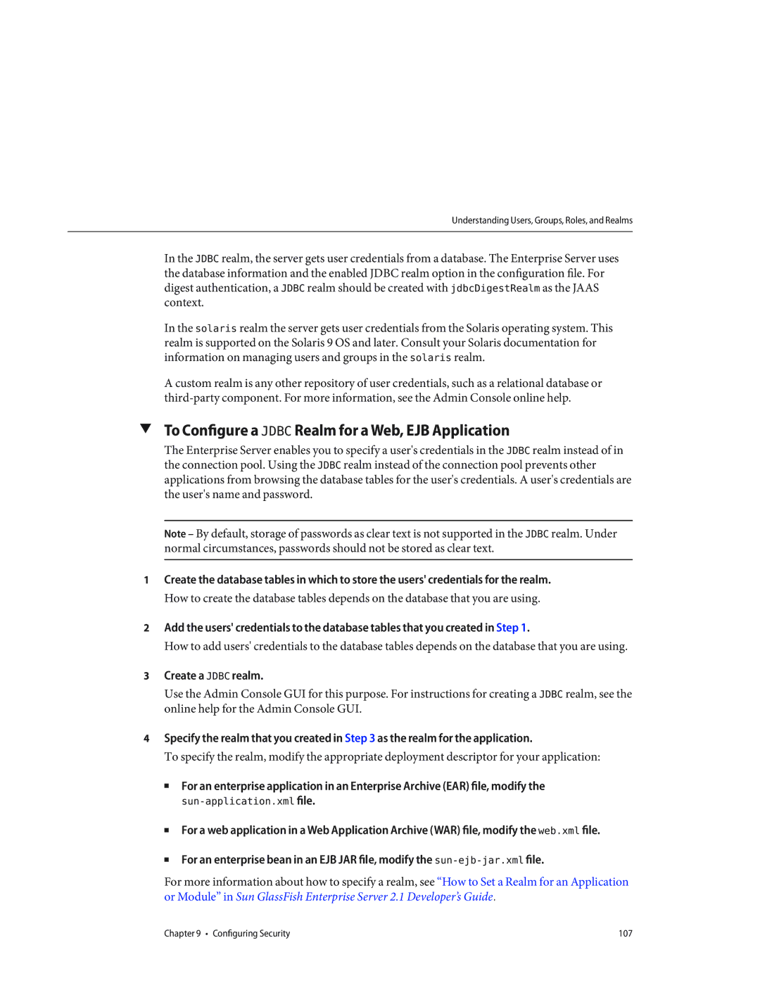 Sun Microsystems 820433510 manual To Configure a Jdbc Realm for a Web, EJB Application, Create a Jdbc realm 