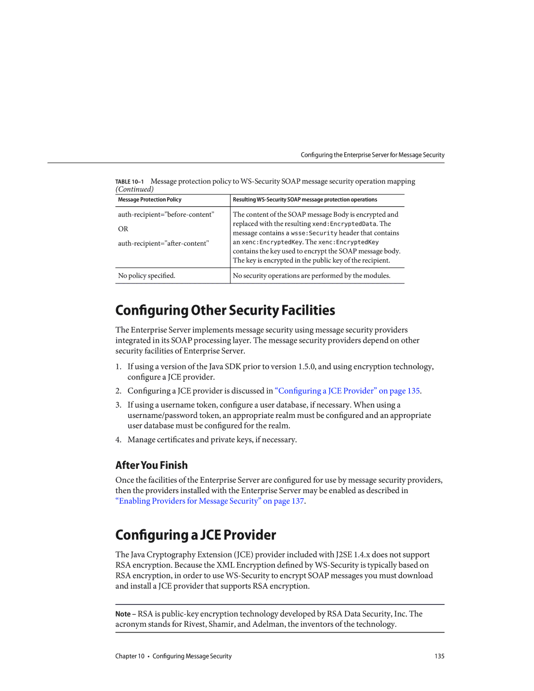 Sun Microsystems 820433510 manual Configuring Other Security Facilities, Configuring a JCE Provider, After You Finish 