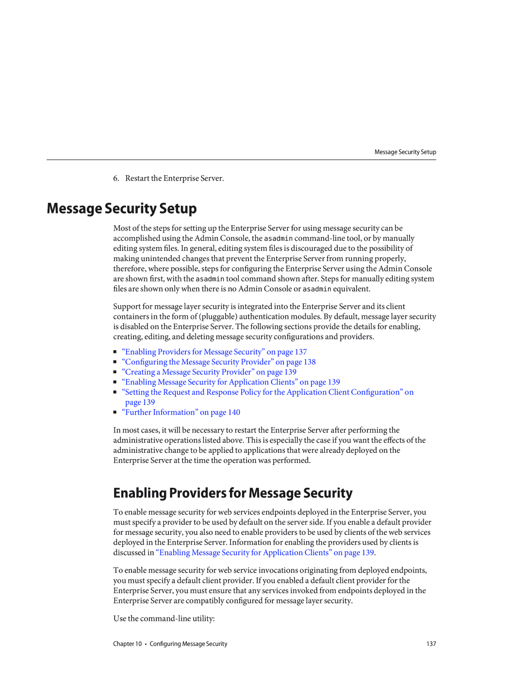 Sun Microsystems 820433510 manual Message Security Setup, Enabling Providers for Message Security 