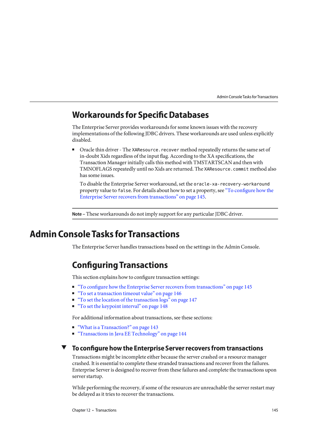 Sun Microsystems 820433510 manual Admin Console Tasks for Transactions, Workarounds for Specific Databases 