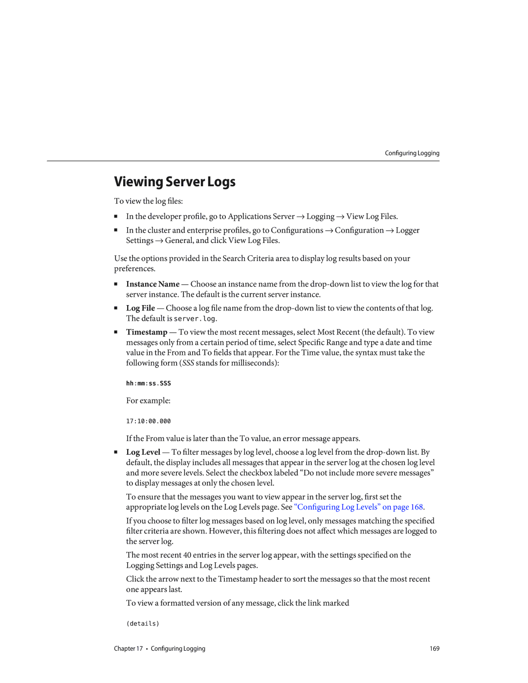 Sun Microsystems 820433510 manual Viewing Server Logs, 171000.000, Details 