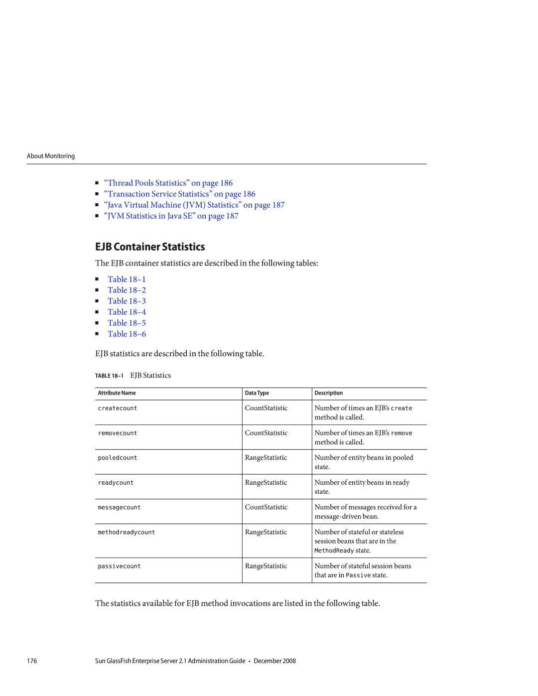 Sun Microsystems 820433510 manual EJB Container Statistics, 1EJB Statistics 