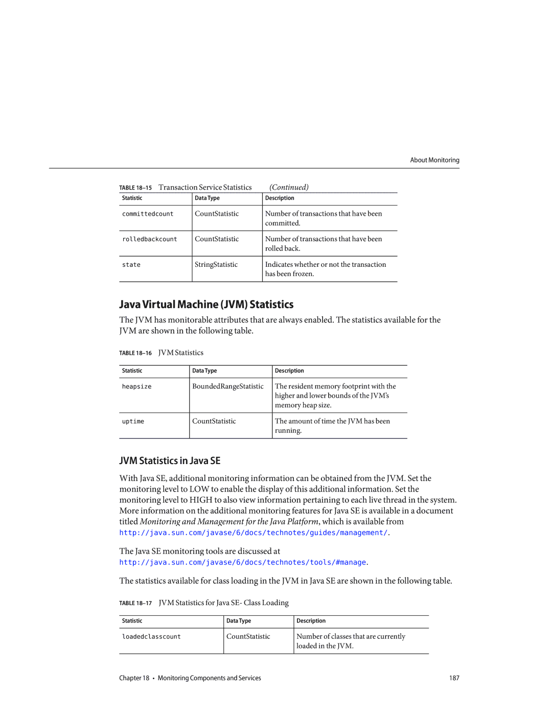 Sun Microsystems 820433510 manual Java Virtual Machine JVM Statistics, Transaction Service Statistics 