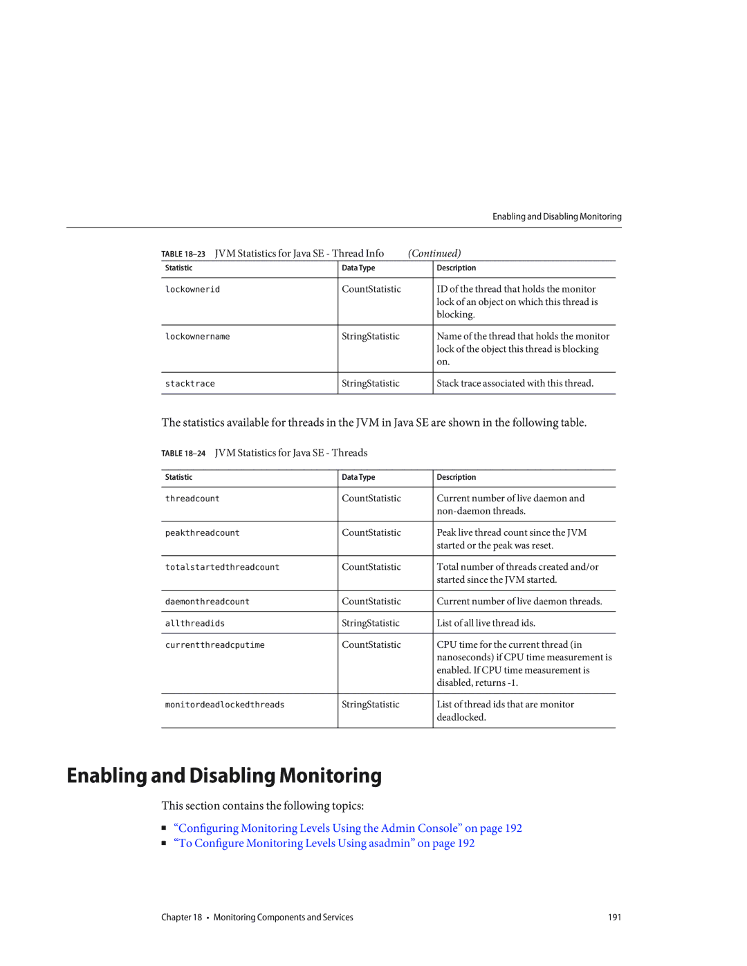 Sun Microsystems 820433510 manual Enabling and Disabling Monitoring, 24JVM Statistics for Java SE Threads 