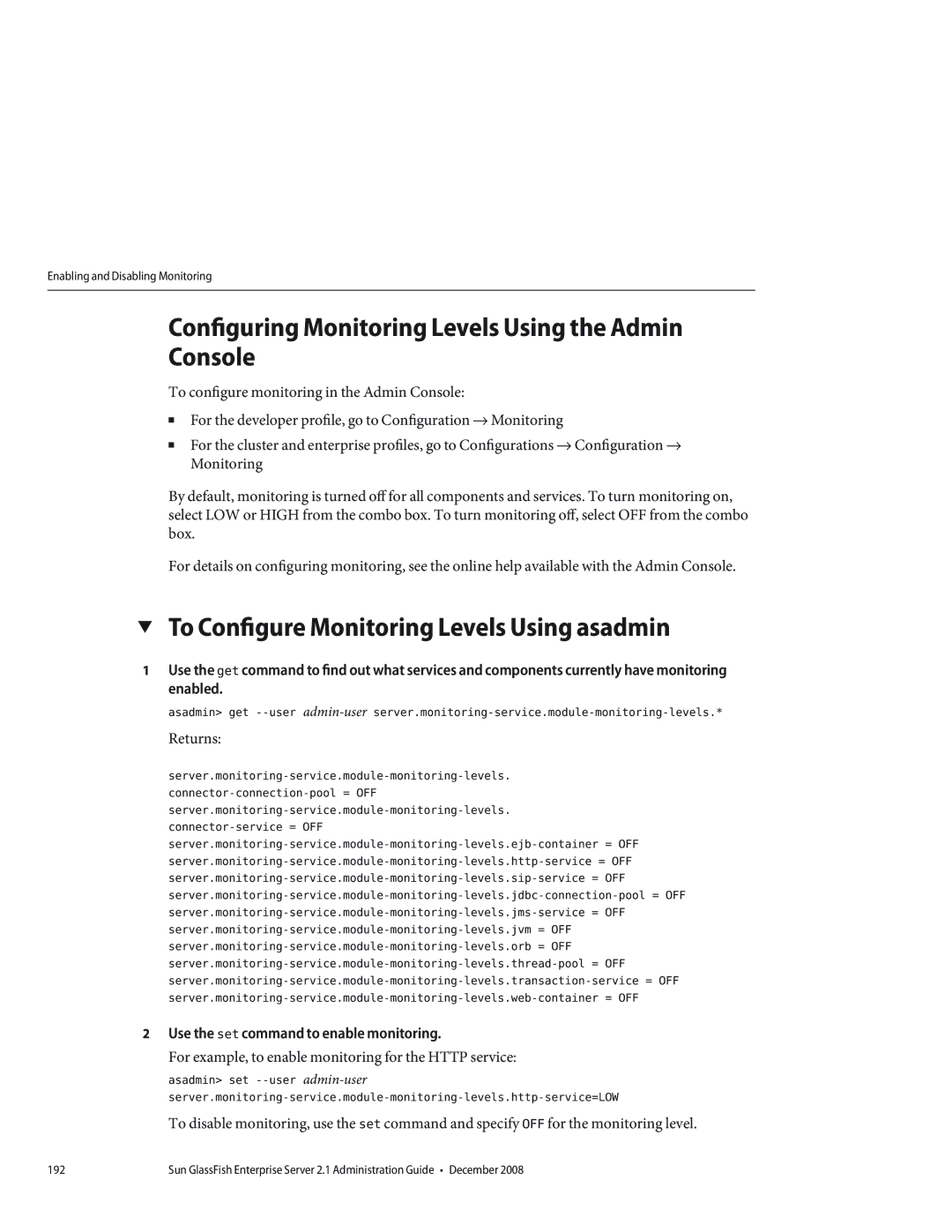 Sun Microsystems 820433510 manual Configuring Monitoring Levels Using the Admin Console, Returns 