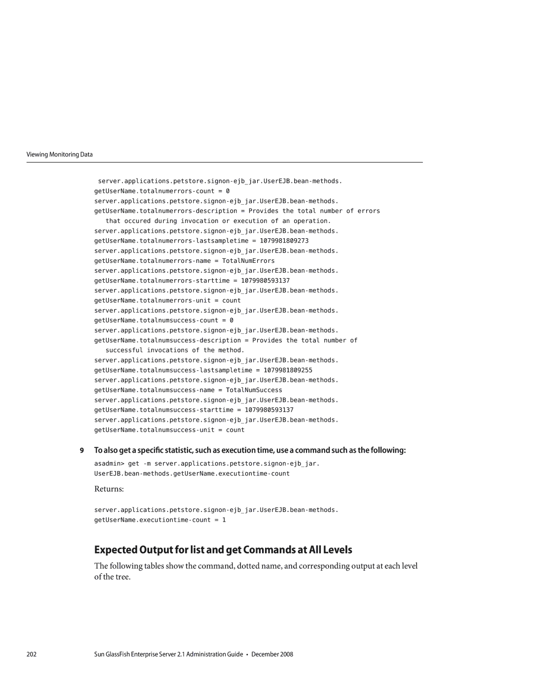 Sun Microsystems 820433510 manual Expected Output for list and get Commands at All Levels 