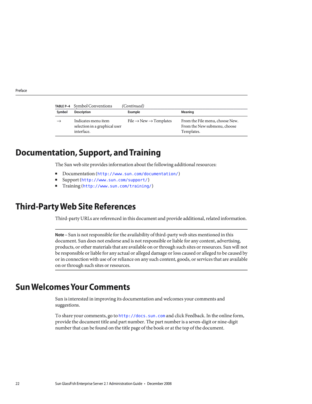 Sun Microsystems 820433510 manual Documentation, Support, and Training, Third-Party Web Site References 