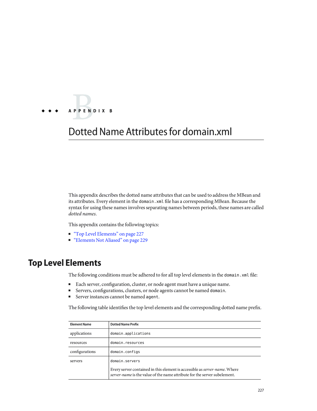 Sun Microsystems 820433510 manual Dotted Name Attributes for domain.xml, Top Level Elements 