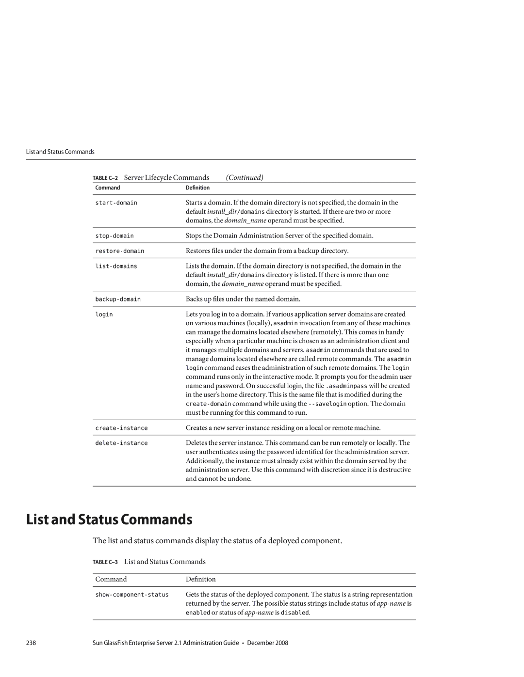 Sun Microsystems 820433510 manual List and Status Commands, Table C-2 Server Lifecycle Commands 