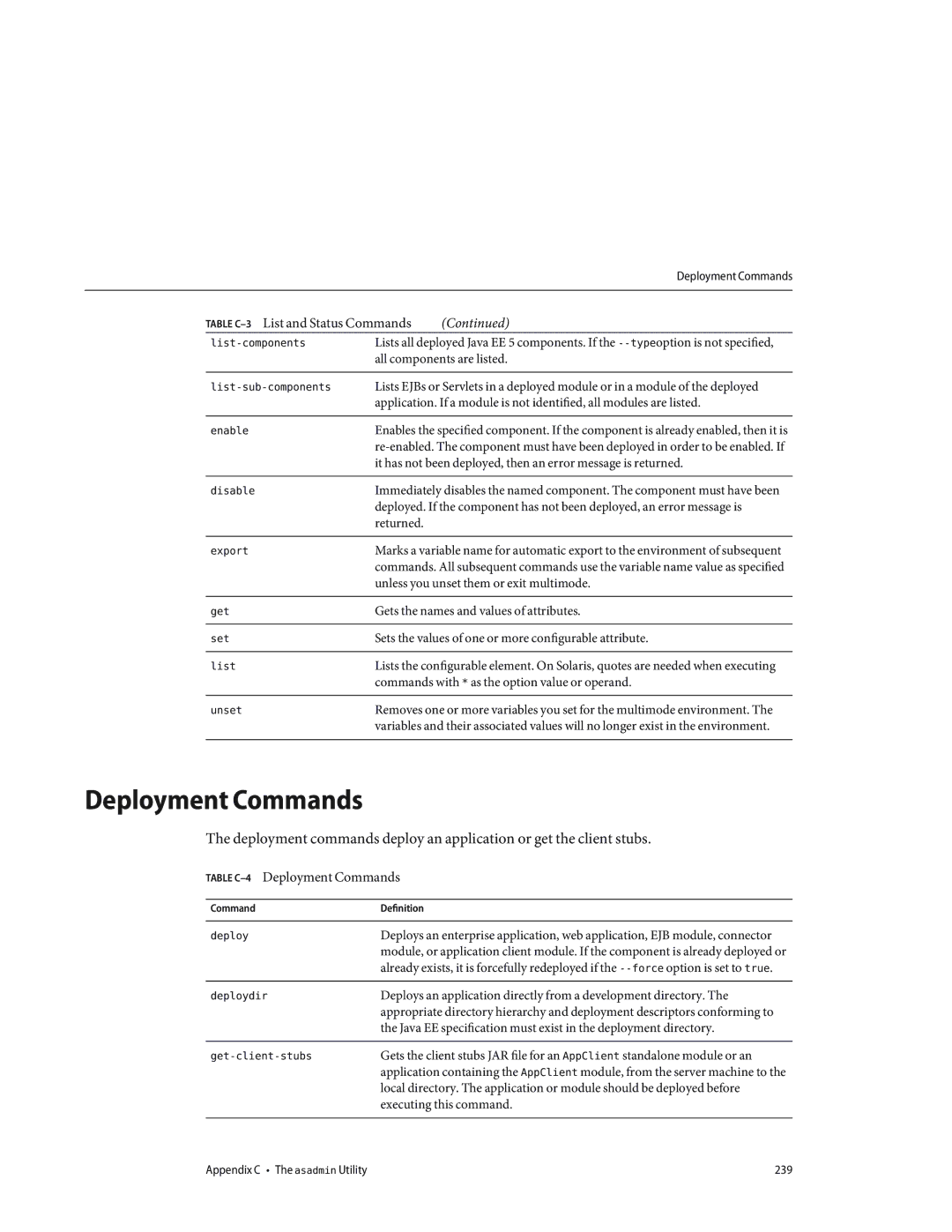 Sun Microsystems 820433510 manual Table C-4Deployment Commands 