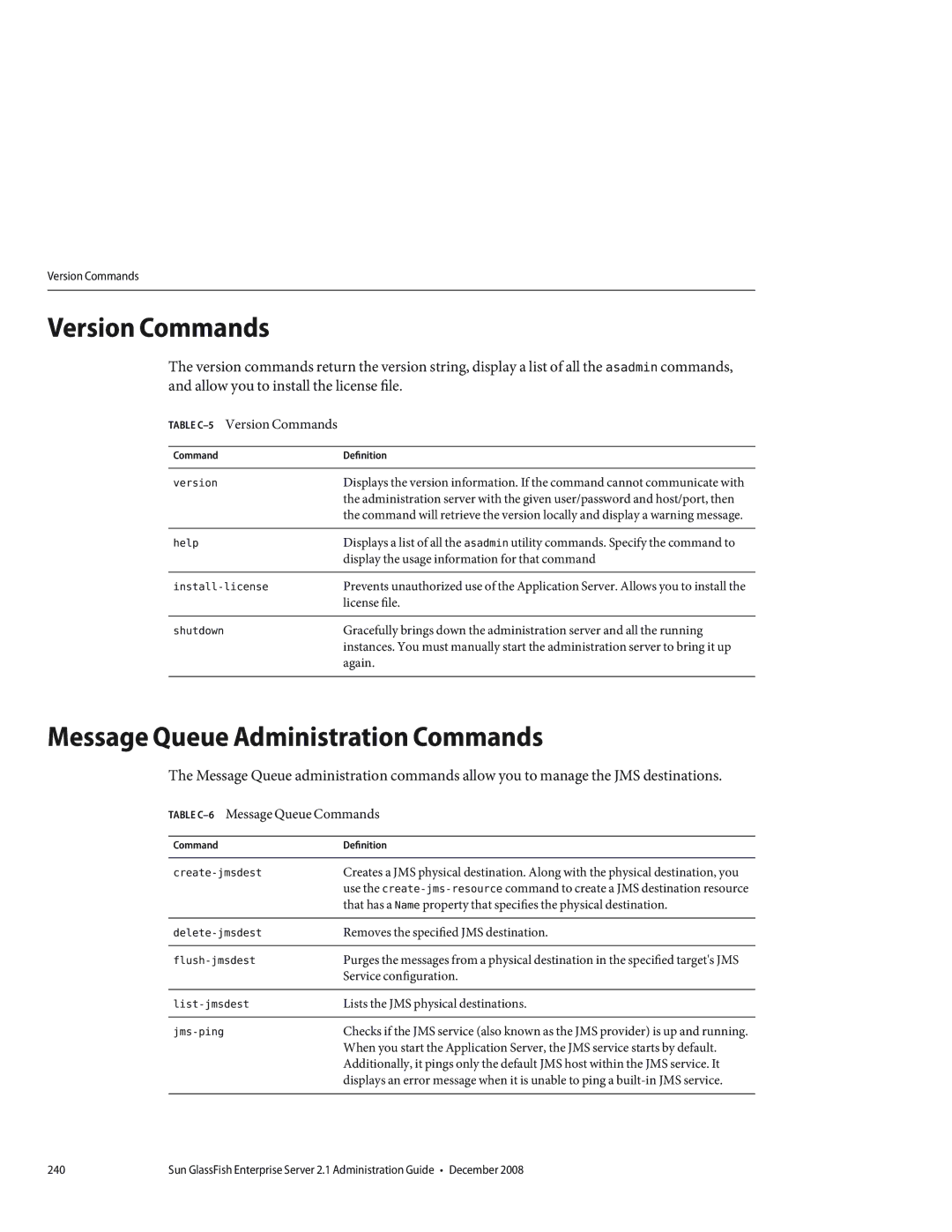 Sun Microsystems 820433510 manual Message Queue Administration Commands, Table C-5Version Commands 