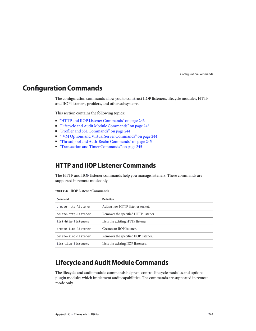 Sun Microsystems 820433510 Configuration Commands, Http and Iiop Listener Commands, Lifecycle and Audit Module Commands 